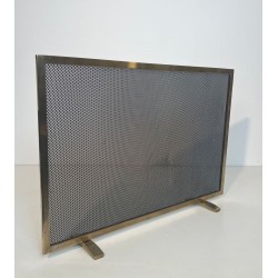 Modernist Brass and Wire Mesh Fireplace Screen with Moiré Optical Effect