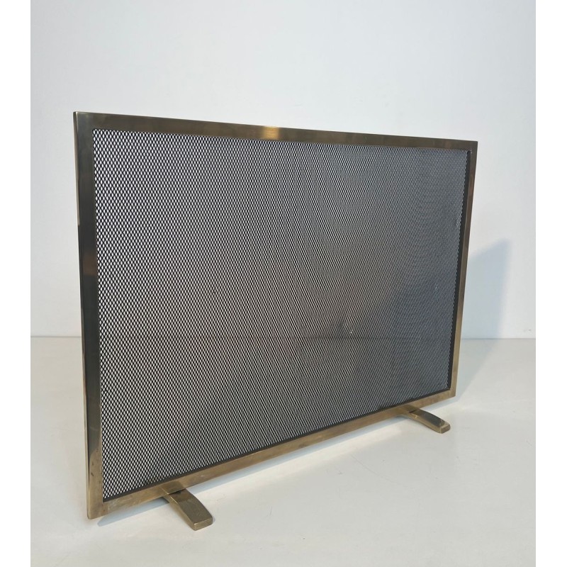 Modernist Brass and Wire Mesh Fireplace Screen with Moiré Optical Effect