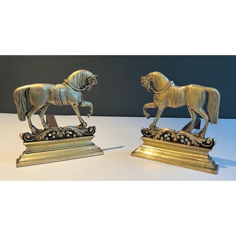Paire de Chenets Néoclassiques en Bronze Cisélé à Chevaux Cabrés sur Socles Décorés