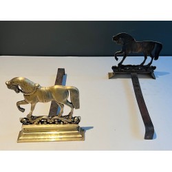 Pair of Neoclassical Chiseled Bronze Rearing Horse Andirons on Decorated Plinths