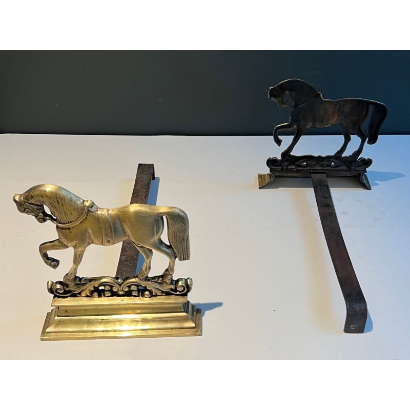 Pair of Neoclassical Chiseled Bronze Rearing Horse Andirons on Decorated Plinths