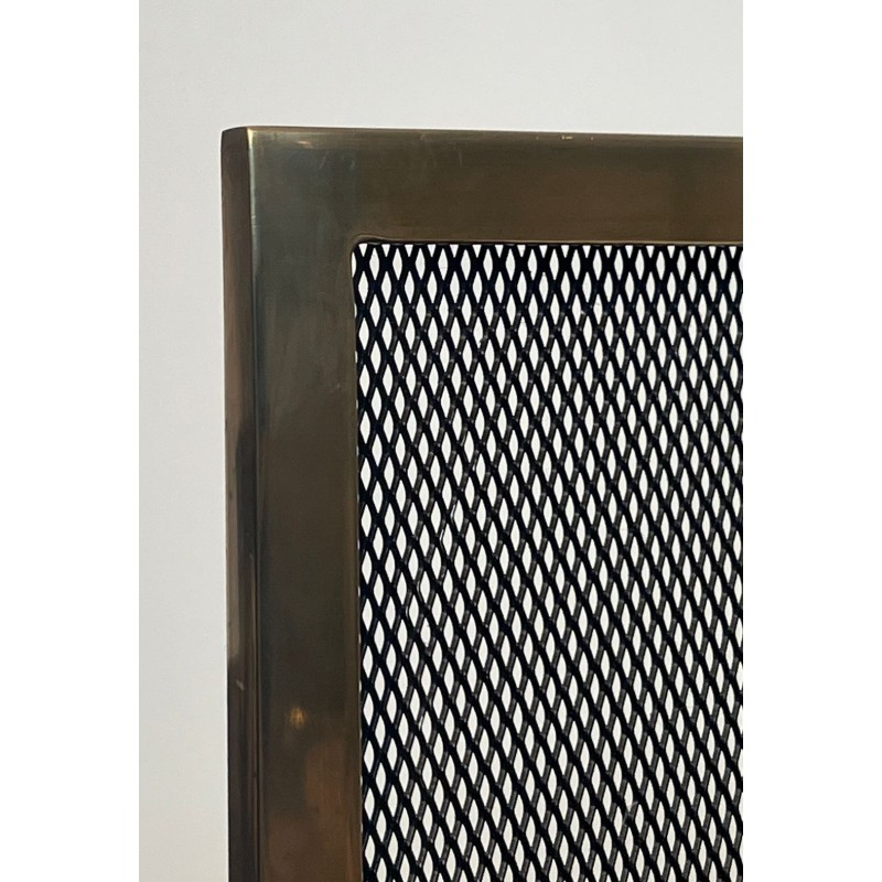 Modernist Brass and Wire Mesh Fireplace Screen with Moiré Optical Effect