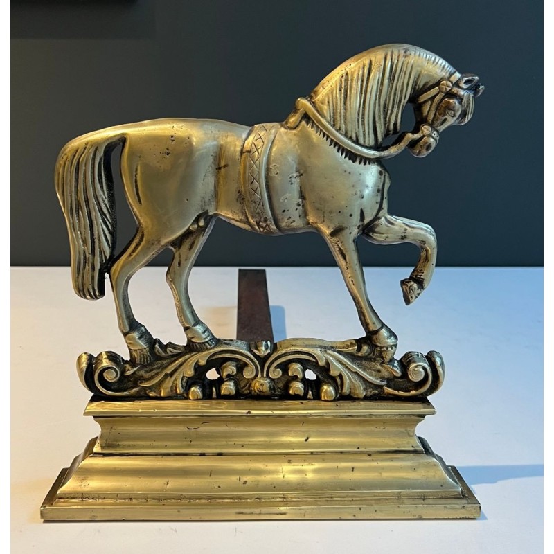 Pair of Neoclassical Chiseled Bronze Rearing Horse Andirons on Decorated Plinths