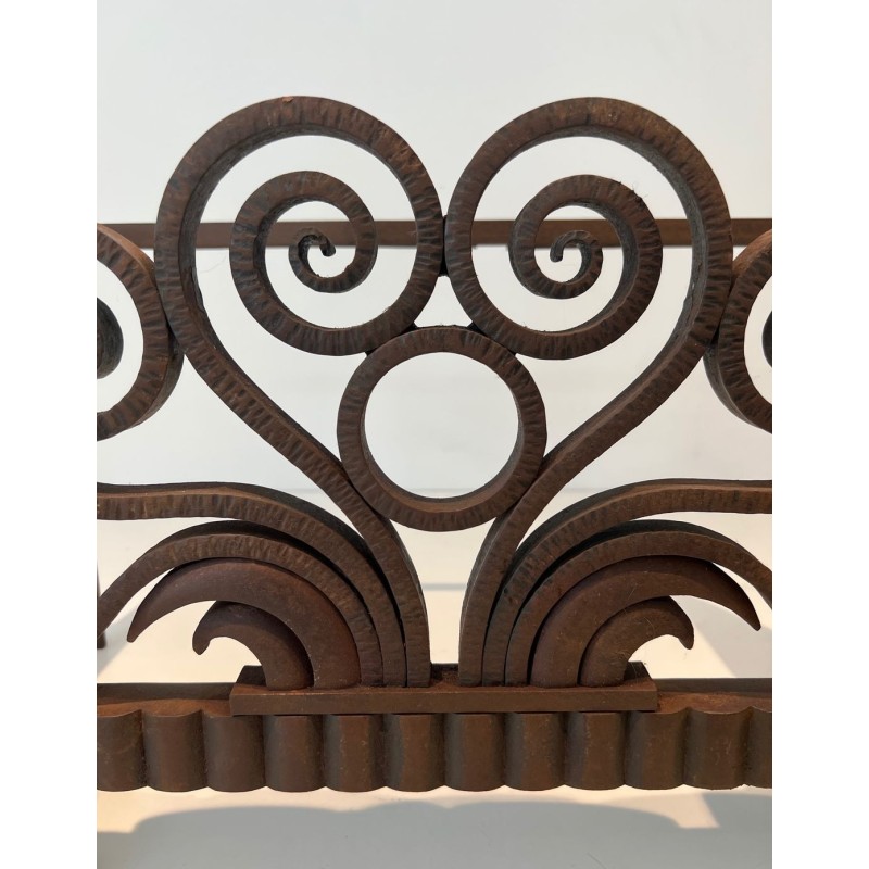 Modernist Hammered Wrought Iron and Chrome Log Cradle or Andirons in the Style of Edgar Brandt