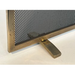 Modernist Brass and Wire Mesh Fireplace Screen with Moiré Optical Effect