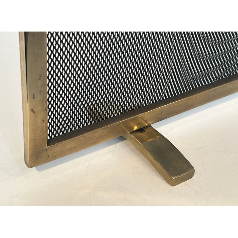 Modernist Brass and Wire Mesh Fireplace Screen with Moiré Optical Effect