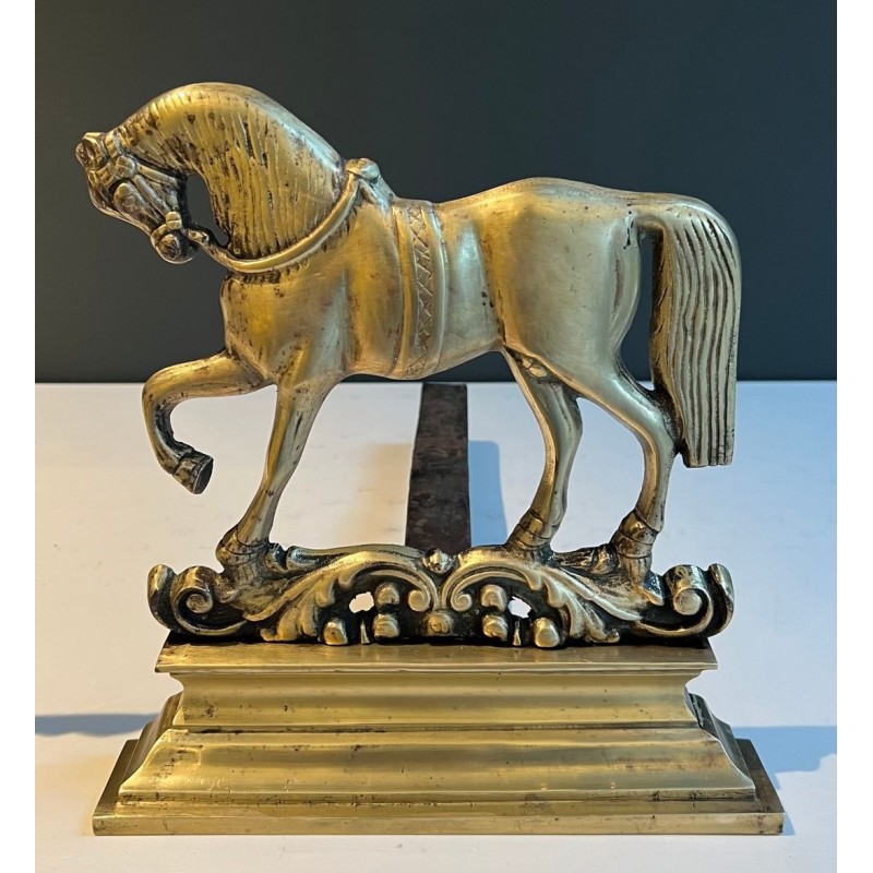 Pair of Neoclassical Chiseled Bronze Rearing Horse Andirons on Decorated Plinths
