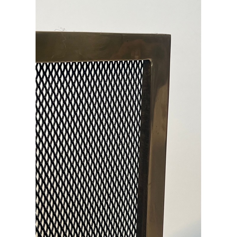 Modernist Brass and Wire Mesh Fireplace Screen with Moiré Optical Effect