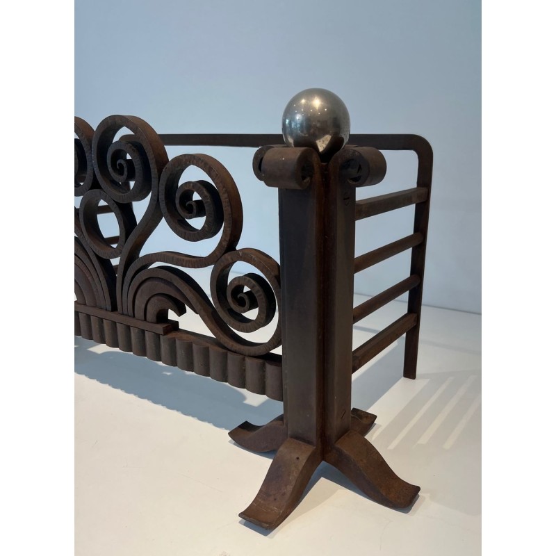 Modernist Hammered Wrought Iron and Chrome Log Cradle or Andirons in the Style of Edgar Brandt