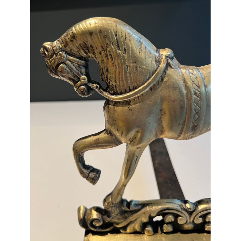 Pair of Neoclassical Chiseled Bronze Rearing Horse Andirons on Decorated Plinths