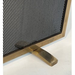 Modernist Brass and Wire Mesh Fireplace Screen with Moiré Optical Effect