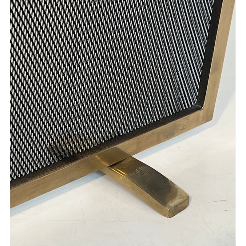 Modernist Brass and Wire Mesh Fireplace Screen with Moiré Optical Effect