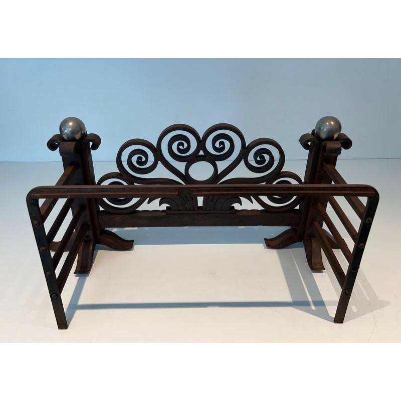 Modernist Hammered Wrought Iron and Chrome Log Cradle or Andirons in the Style of Edgar Brandt