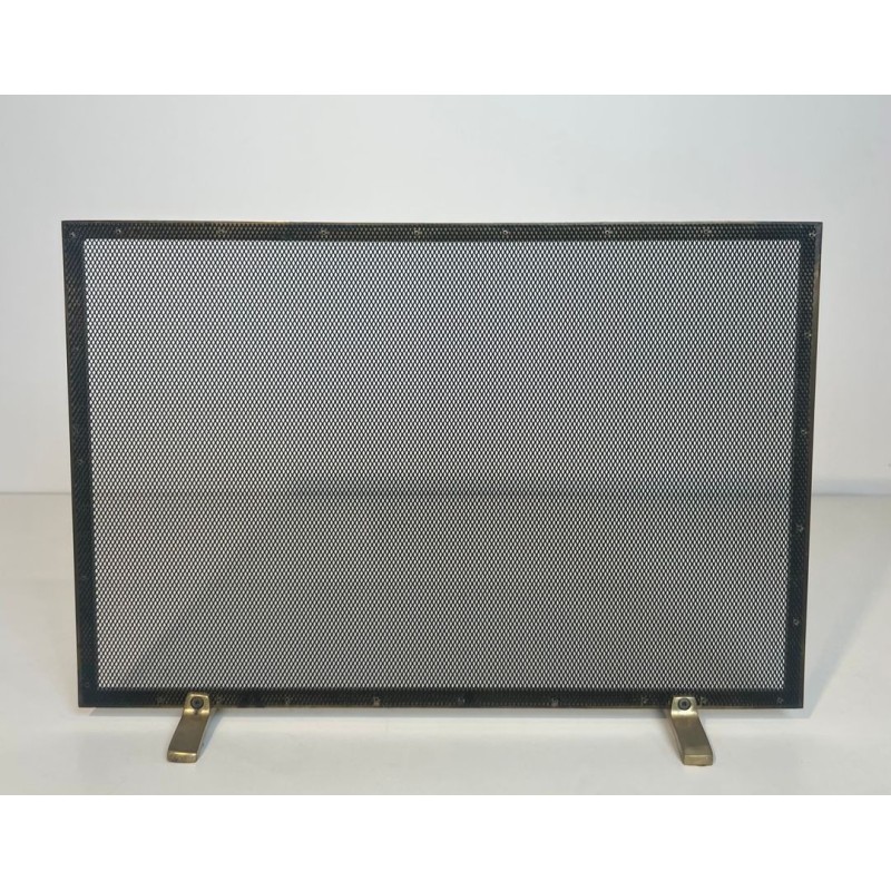 Modernist Brass and Wire Mesh Fireplace Screen with Moiré Optical Effect