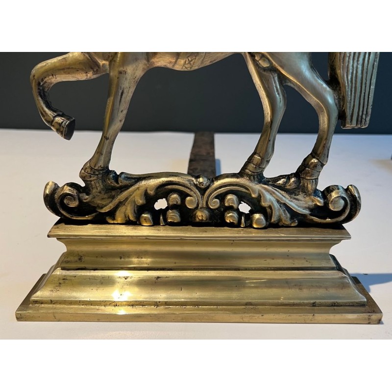 Paire de Chenets Néoclassiques en Bronze Cisélé à Chevaux Cabrés sur Socles Décorés