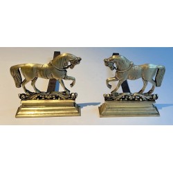 Pair of Neoclassical Chiseled Bronze Rearing Horse Andirons on Decorated Plinths
