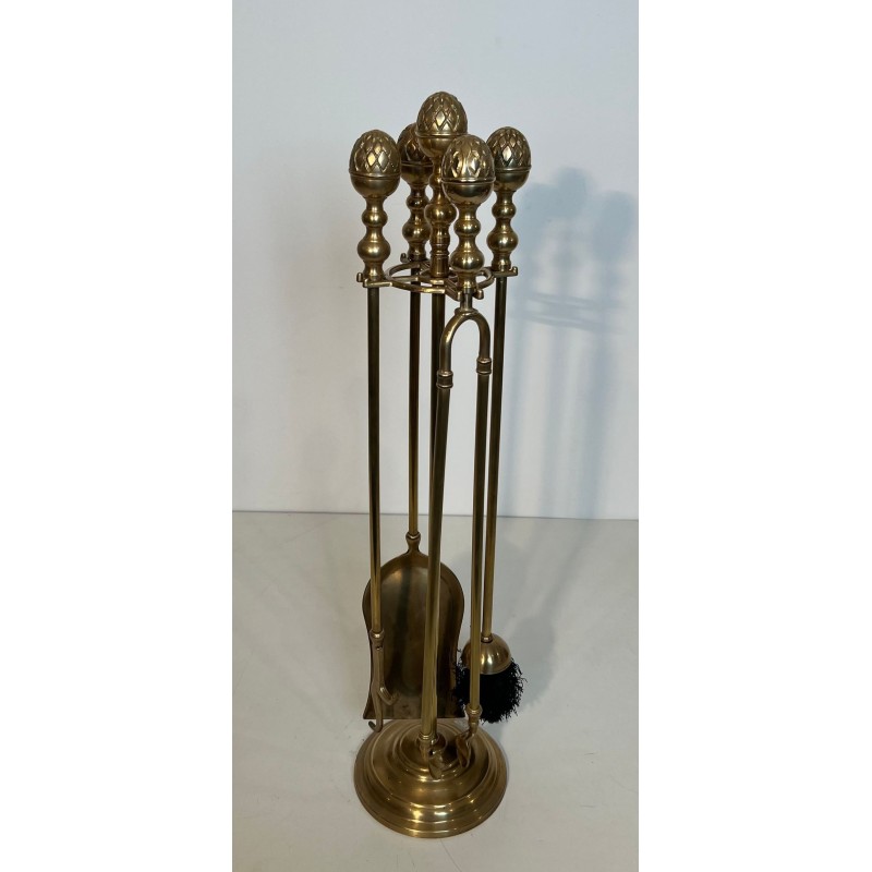 Neoclassical Style Brass Fireplace Companion Set with Spherical Pine Cone Finials, Baguès Style