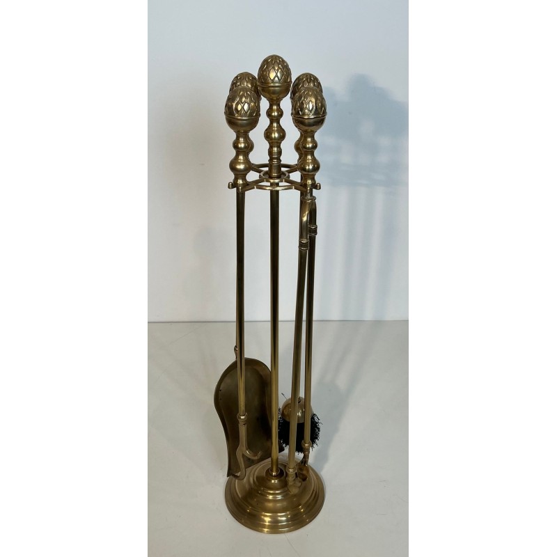 Neoclassical Style Brass Fireplace Companion Set with Spherical Pine Cone Finials, Baguès Style