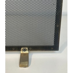 Modernist Brass and Wire Mesh Fireplace Screen with Moiré Optical Effect