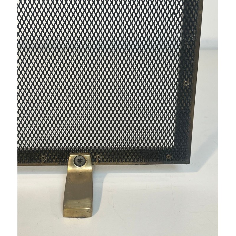 Modernist Brass and Wire Mesh Fireplace Screen with Moiré Optical Effect
