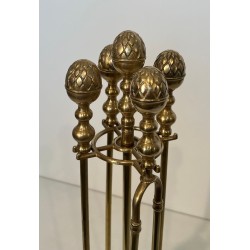 Neoclassical Style Brass Fireplace Companion Set with Spherical Pine Cone Finials, Baguès Style