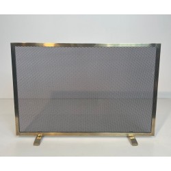 Modernist Brass and Wire Mesh Fireplace Screen with Moiré Optical Effect