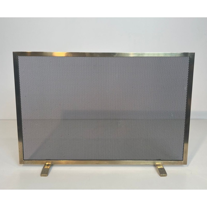 Modernist Brass and Wire Mesh Fireplace Screen with Moiré Optical Effect