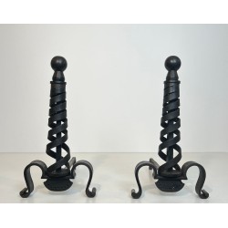 Pair of Modernist Wrought Iron Andirons with Spiral Columns and Ball Finials by Raymond Subes