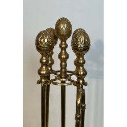 Neoclassical Style Brass Fireplace Companion Set with Spherical Pine Cone Finials, Baguès Style