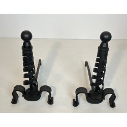 Pair of Modernist Wrought Iron Andirons with Spiral Columns and Ball Finials by Raymond Subes