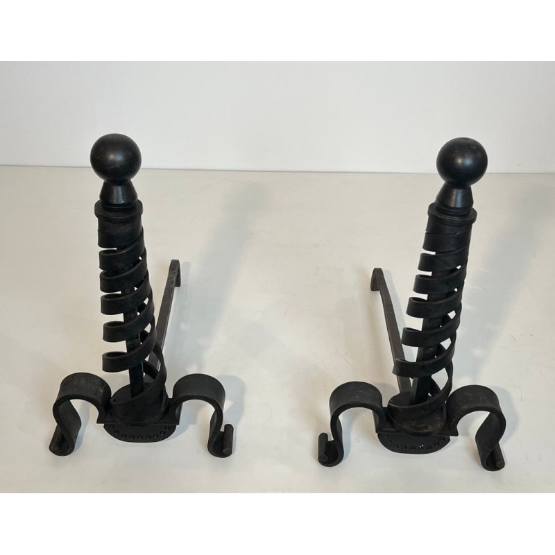 Pair of Modernist Wrought Iron Andirons with Spiral Columns and Ball Finials by Raymond Subes