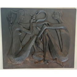 Plaque de Cheminée Moderniste en Fonte, Adam et Ève, Pomme et Serpent, Signée Stern