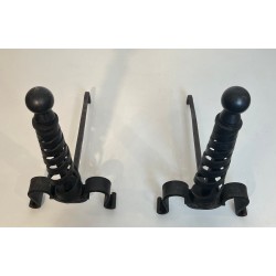 Pair of Modernist Wrought Iron Andirons with Spiral Columns and Ball Finials by Raymond Subes