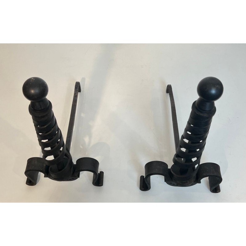 Pair of Modernist Wrought Iron Andirons with Spiral Columns and Ball Finials by Raymond Subes