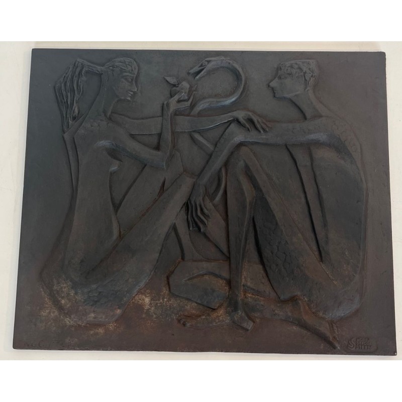 Plaque de Cheminée Moderniste en Fonte, Adam et Ève, Pomme et Serpent, Signée Stern