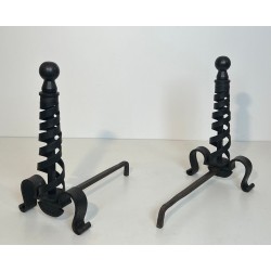 Pair of Modernist Wrought Iron Andirons with Spiral Columns and Ball Finials by Raymond Subes