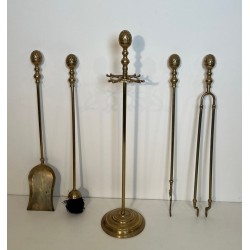 Neoclassical Style Brass Fireplace Companion Set with Spherical Pine Cone Finials, Baguès Style