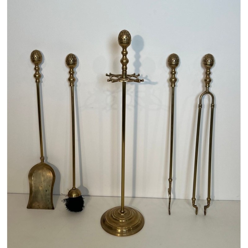 Neoclassical Style Brass Fireplace Companion Set with Spherical Pine Cone Finials, Baguès Style