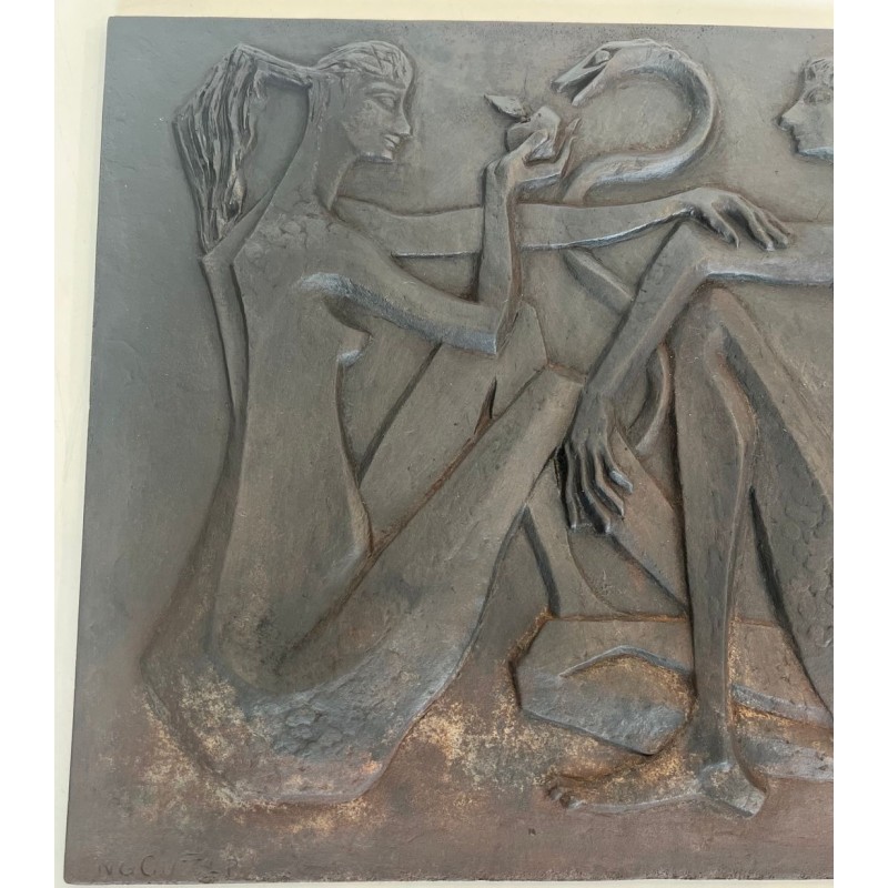 Modernist Cast Iron Fireback with Adam and Eve, Apple and Serpent, Signed Stern