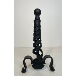 Pair of Modernist Wrought Iron Andirons with Spiral Columns and Ball Finials by Raymond Subes