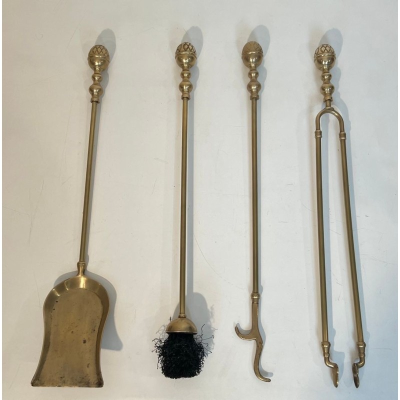 Neoclassical Style Brass Fireplace Companion Set with Spherical Pine Cone Finials, Baguès Style