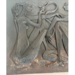 Modernist Cast Iron Fireback with Adam and Eve, Apple and Serpent, Signed Stern