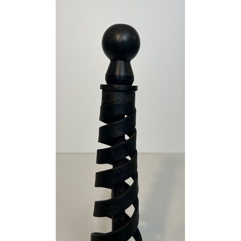 Pair of Modernist Wrought Iron Andirons with Spiral Columns and Ball Finials by Raymond Subes