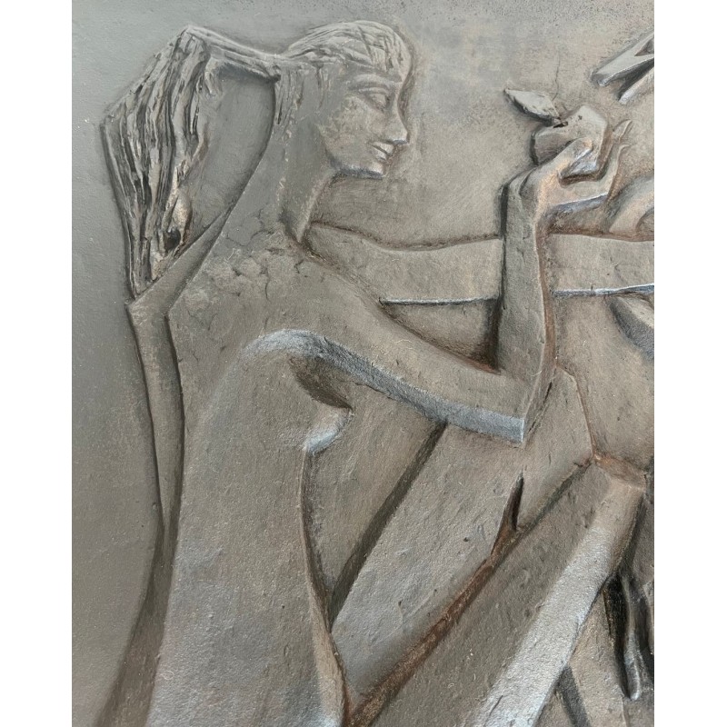 Modernist Cast Iron Fireback with Adam and Eve, Apple and Serpent, Signed Stern