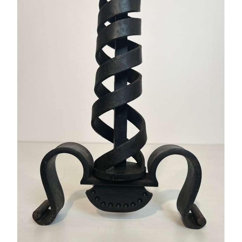 Pair of Modernist Wrought Iron Andirons with Spiral Columns and Ball Finials by Raymond Subes