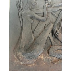 Modernist Cast Iron Fireback with Adam and Eve, Apple and Serpent, Signed Stern