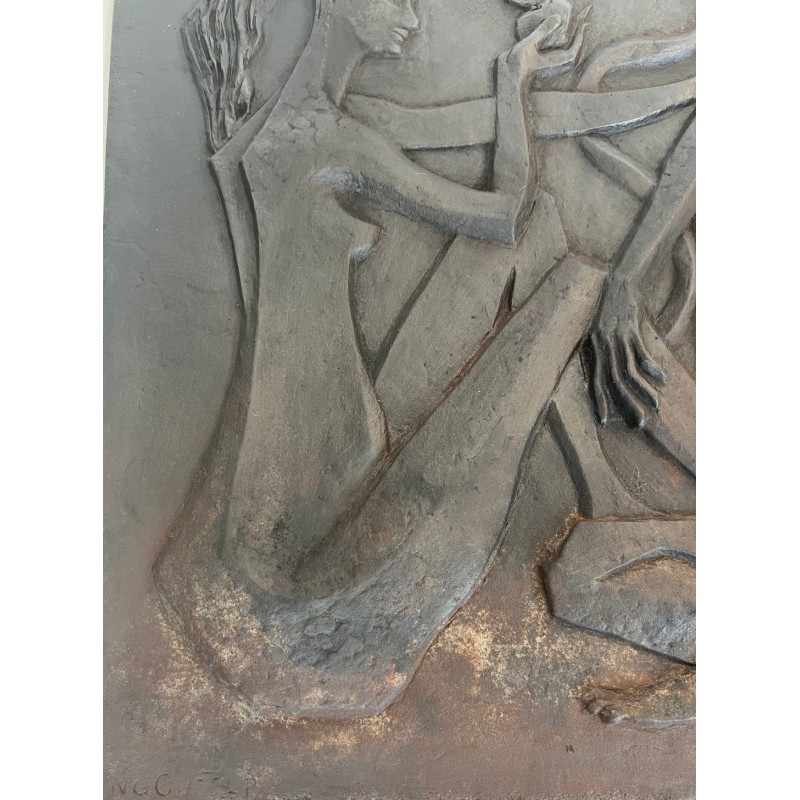 Plaque de Cheminée Moderniste en Fonte, Adam et Ève, Pomme et Serpent, Signée Stern