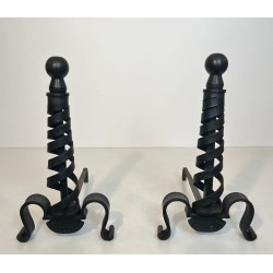 Pair of Modernist Wrought Iron Andirons with Spiral Columns and Ball Finials by Raymond Subes