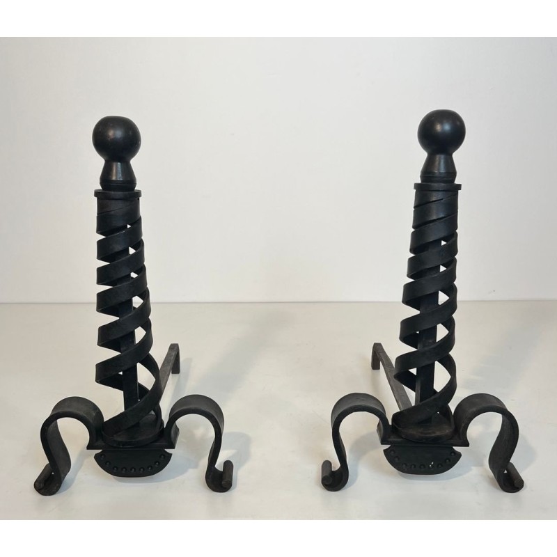 Pair of Modernist Wrought Iron Andirons with Spiral Columns and Ball Finials by Raymond Subes