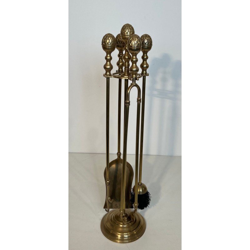 Nécessaire de Feu de Style Néoclassique en Laiton à Finiales en Pomme de Pin Sphérique, Goût Baguès